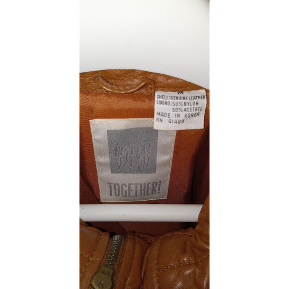 VTG Mens or Womens TOGETHER Brown Leather Hooded Jacket Coat Mid-Length Size M - Picture 6 of 6